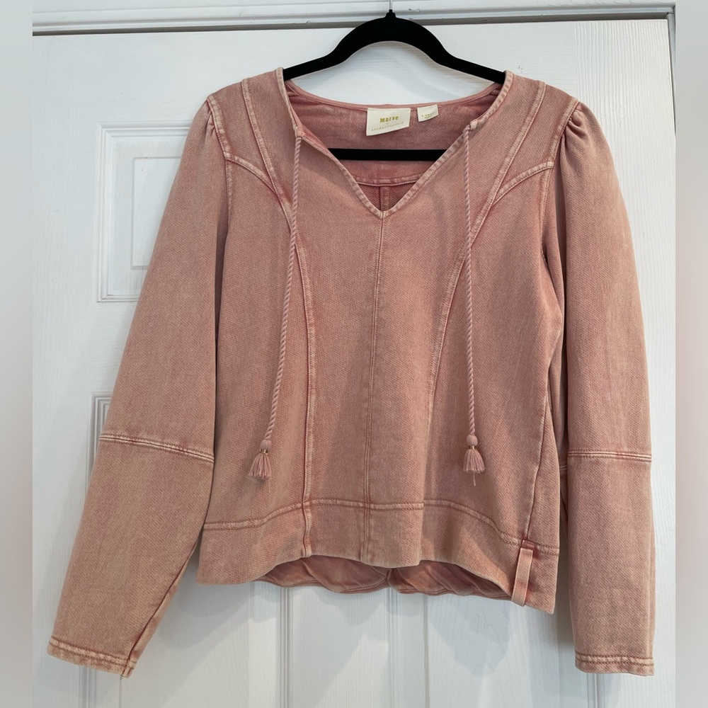 Anthropologie Maeve Long Sleeve Sweater Shirt Puff Shoulder Pink Sz XS Tie Neck - Picture 2 of 9